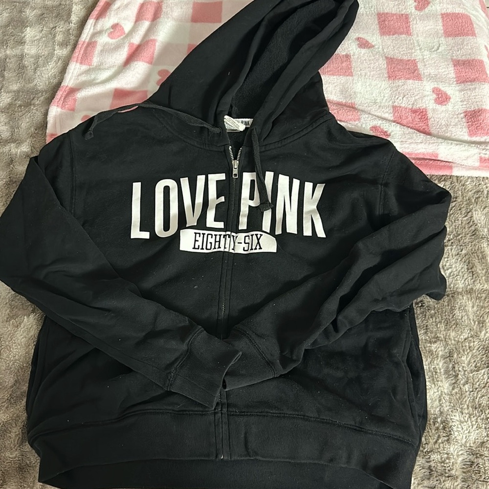 VS PINK black zip up jacket with hoodie and pockets